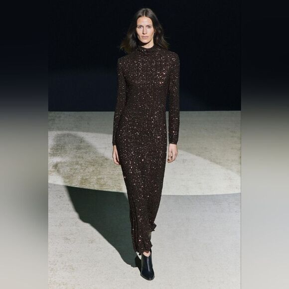 RUNS LARGE NWT ZARA SEQUIN LONG DRESS ZW COLLECTION Mocha Color - Picture 4 of 15